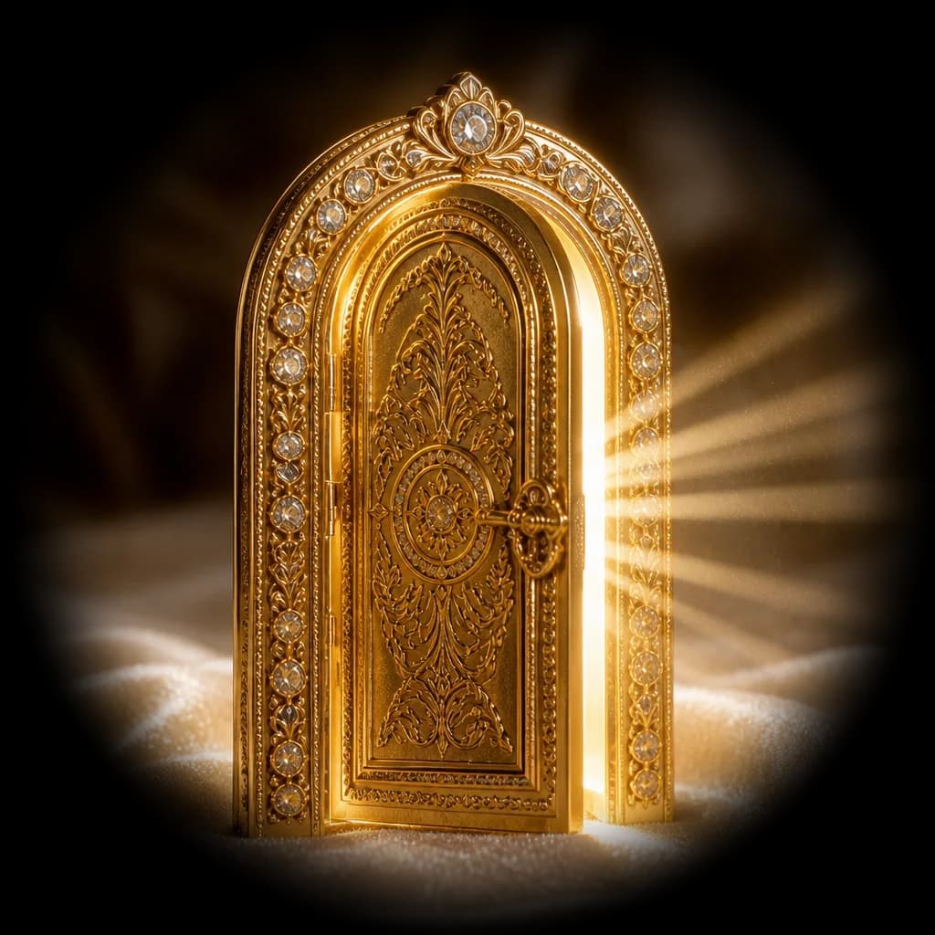 An ornate gold arched door standing open with light spilling through, the way out of who you had to be
